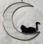 Cresent Moon and Cat, Lying Down Black and White Suncatcher