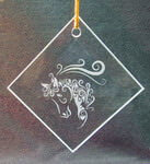 Diamond Ornament/Suncatcher with etched horse swirls design deeply sandblasted by hand out of the glass for a personalized custom ornament or suncatcher