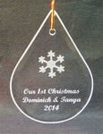Teardrop Ornament/Suncatcher with etched snowflake design and text deeply sandblasted by hand out of the glass for a personalized custom ornament or suncatcher