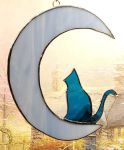 Cresent Moon and Cat, Sitting Blue Suncatcher