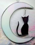 Cresent Moon and Cat, Dangling Irrescendent Black and White Suncatcher