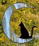 Cresent Moon and Cat, Sitting Black and White Suncatcher