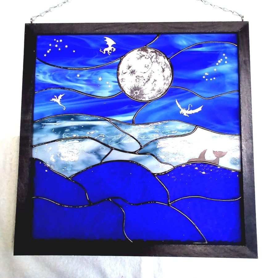 Sea Moon Dragons Panel Stained Glass