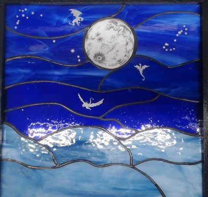 Personalized Sea and Moon Stained Glass Panel