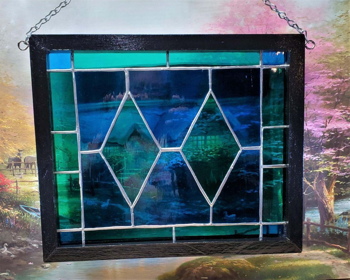 Blue and Green Summer Diamond Stained Glass Window Panel | Stained