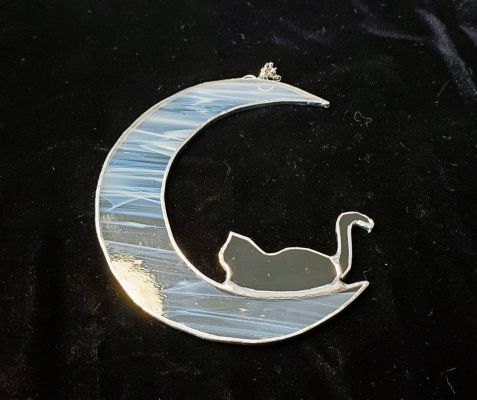 Cresent Moon and Cat, Lying Down Black and White Suncatcher