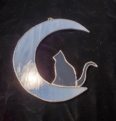 Cresent Moon and Cat, Sitting Blue Suncatcher