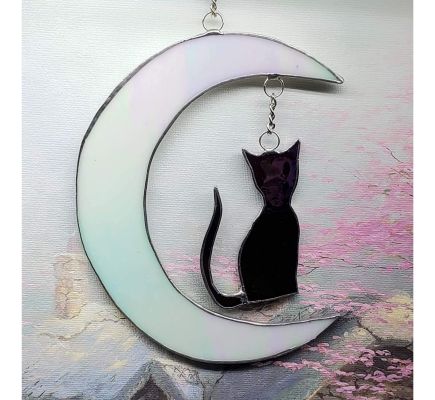 Cresent Moon and Cat, Dangling Irrescendent Black and White Suncatcher
